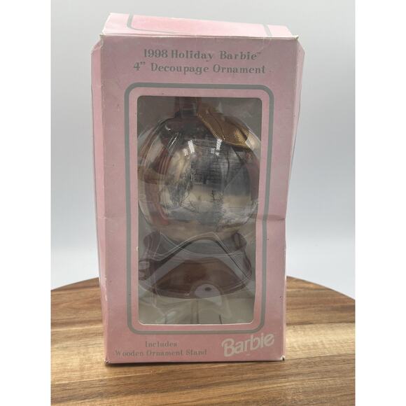 Vintage 1998 Holiday Barbie 4" Decoupage Ornament Wood Stand Collectible Box - Picture 1 of 11